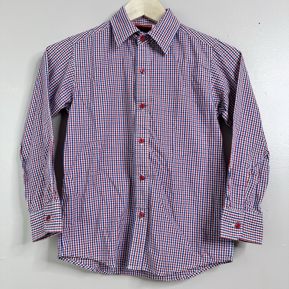 Boys‎ Angry Birds Gingham Button Down Shirt Size 8 Red Blue Long Sleeve